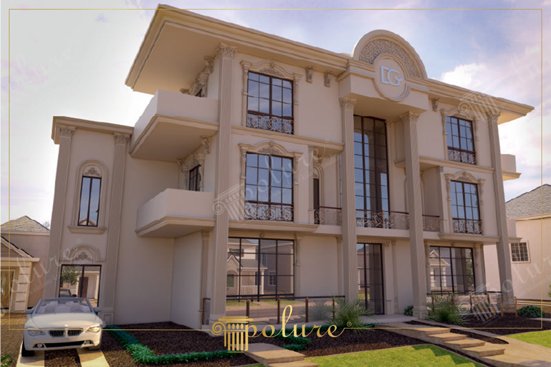 Poliüretan pilaster sütun, pencere söveleri ve dairesel kemer detaylarıyla tasarlanmış klasik villa dış cephesi.