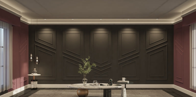 Koyu antrasit duvar üzerinde poliüretan geometrik çıta ve bordo panel uygulamalı modern salon tasarımı.