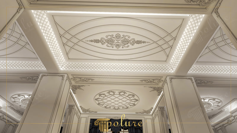 Poliüretan tavan kaseti, pilaster sütun kaplama ve baklava desenli panel modelleri ile salon dekorasyonu.