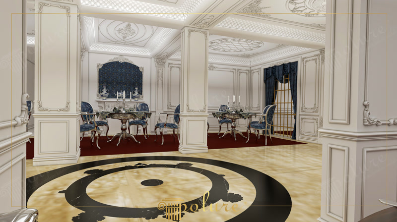 Poliüretan pilaster sütun, tavan kartonpiyeri ve dekoratif duvar çıtaları ile yapılmış klasik salon dekorasyonu.