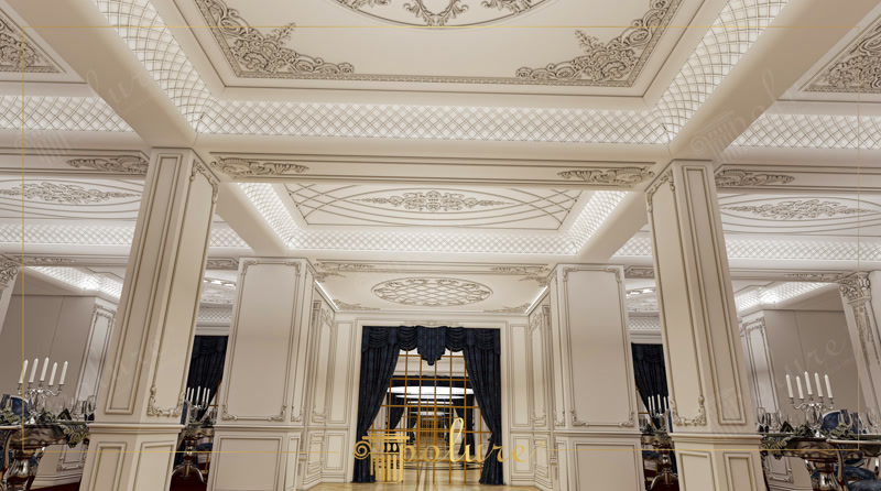 Düğün salonu iç mekanında kullanılan poliüretan pilaster sütun, tavan kartonpiyeri ve dekoratif duvar çıtası uygulaması.