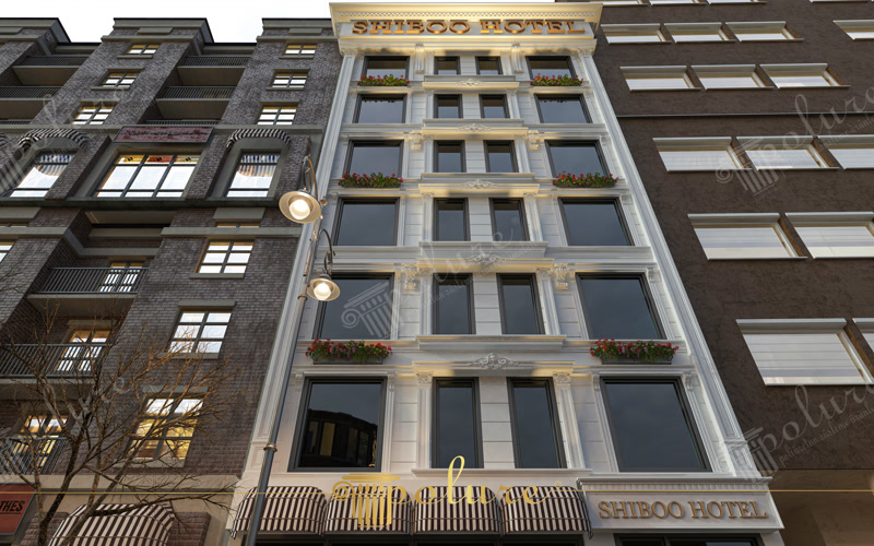 Görkemli ve modern otel dış cephesinde beyaz poliüretan söve, pilaster sütun ve dekoratif taç uygulaması.