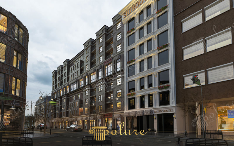 Shiboo Otel dış cephesinde kullanılan beyaz poliüretan söve, pilaster sütun ve taç kaplama modelleri.