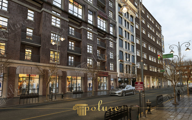 Poliüretan dış cephe kaplama, pilaster sütun ve pencere sövesi kullanılan modern otel cephe tasarımı.