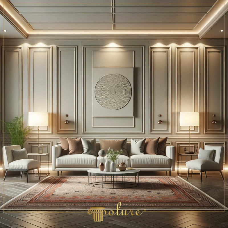 Poliüretan duvar çıtası modelleri ile dekorasyon yapılmış modern salon duvar paneli tasarımı ve aydınlatması.