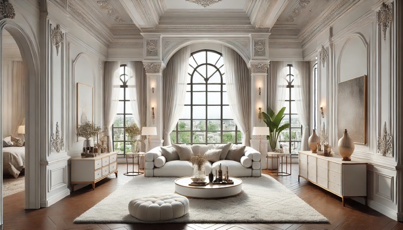 Salon duvarında ve pencere kenarlarında kullanılan beyaz poliüretan pilaster sütun ve dekoratif çerçeve modelleri.
