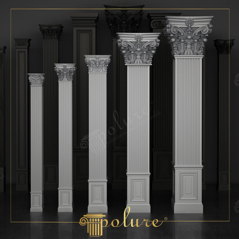 Farklı boyutlarda dikey yivli poliüretan pilaster sütun modelleri, korint başlık ve kaideli duvar süslemesi.