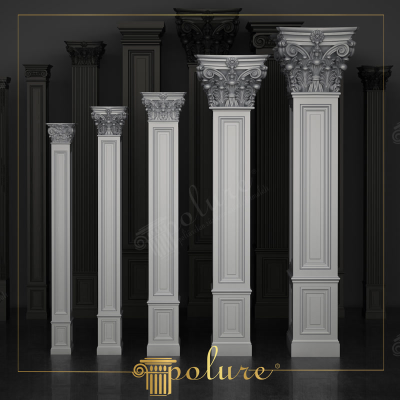 Farklı boyutlarda poliüretan pilaster sütun modelleri, Korint başlık ve kaide detayları ile seri sunumu.