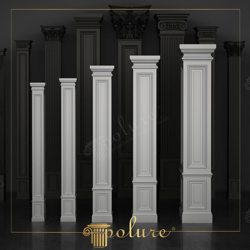 Farklı boyutlarda beyaz ve siyah renklerde poliüretan pilaster sütun modellerinin stüdyo sergilemesi