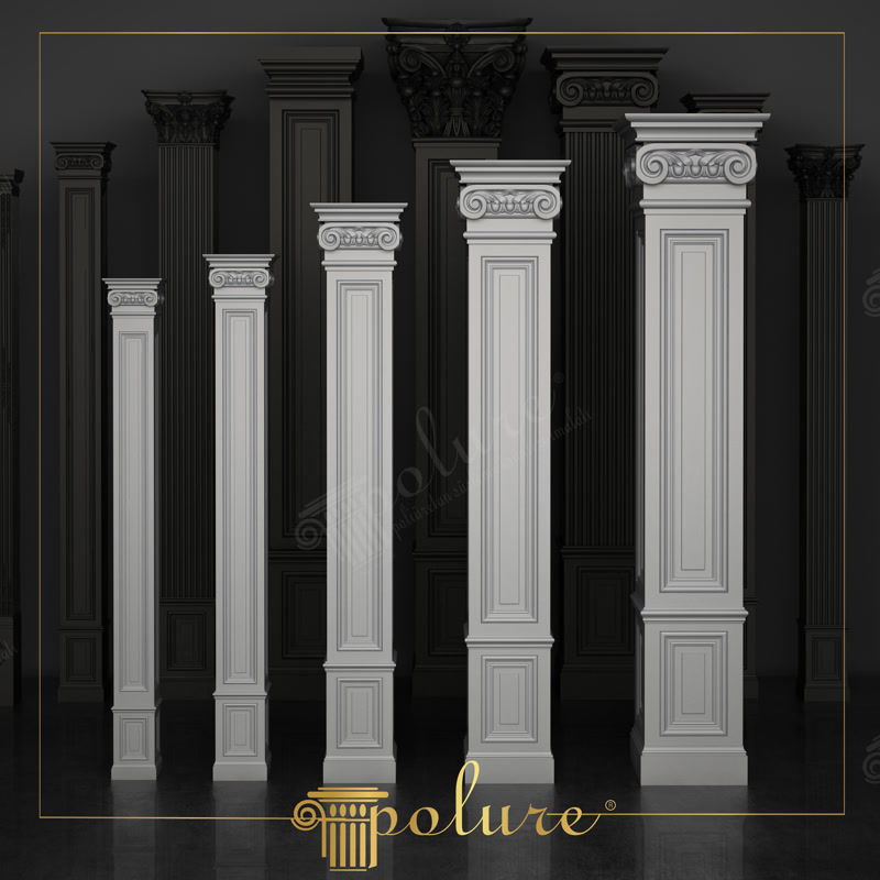 Farklı boyutlarda beyaz ve antrasit renkli poliüretan pilaster sütun modelleri ve dekoratif dikey duvar kaplama detayları.