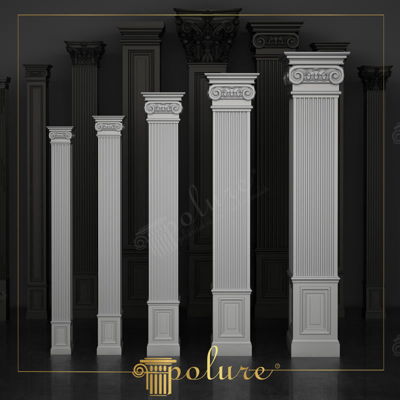 Poliüretan pilaster sütun modelleri, yivli gövdeler, başlıklı ve kaideli dış cephe dekoratif elemanları.