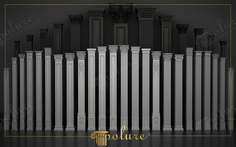 Farklı başlık ve dikey yiv tasarımlarına sahip beyaz renkli poliüretan pilaster sütun modelleri seçkisi.
