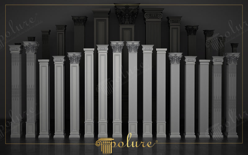 Farklı başlık ve yivli gövde seçeneklerine sahip poliüretan pilaster sütun ve kaplama elemanları serisi