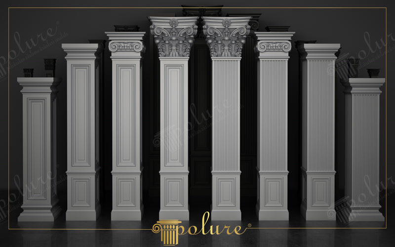Farklı başlık ve yivli gövde seçeneklerine sahip gri poliüretan pilaster sütun modelleri ve cephe elemanları.