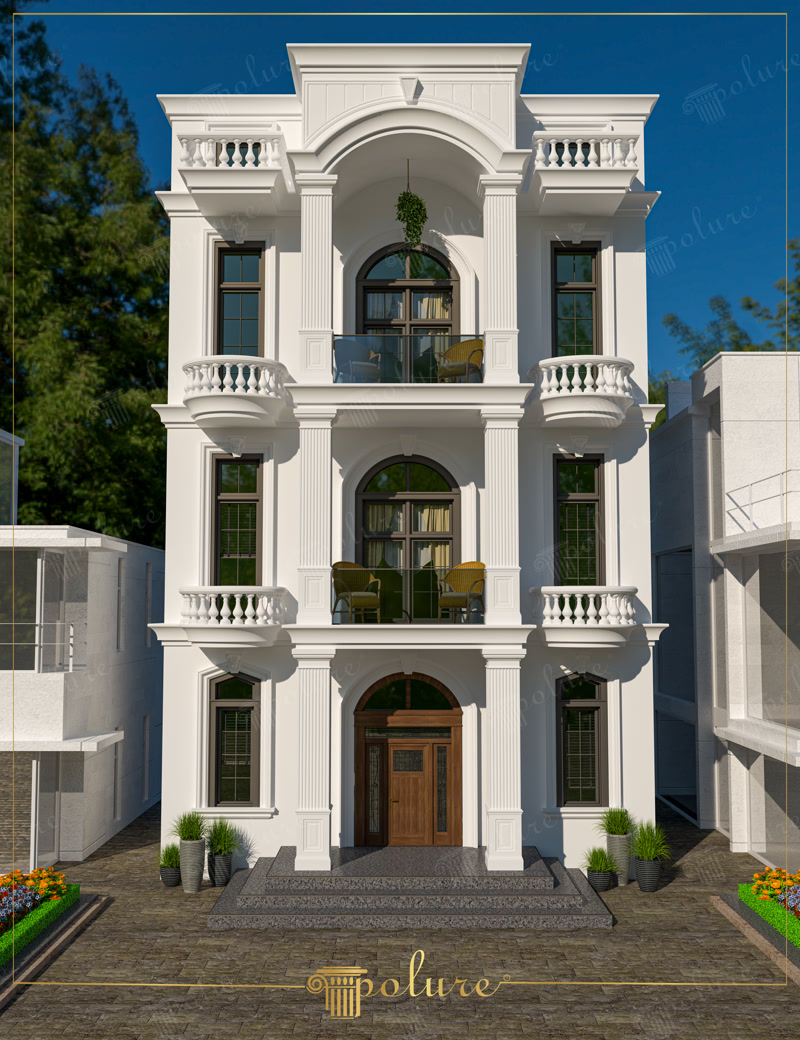 Poliüretan dış cephe kaplamalı 3 katlı neo-klasik villa pencere söveleri ve pilaster sütun uygulaması.