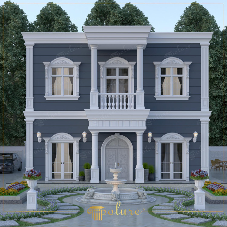 Neoklasik Villa Tasarımında Poliüretan Sütun Sütun Başlığı Söve ve Saçak Silmesi ile Estetik ve Zarafet Neoklasik villa tasarımları klasik mimarinin zarafetini modern yapılarla buluşturarak zamansız bir estetik sunar Bu tarzda kullanılan poliüretan sütunlar detaylı işlemeleriyle ön plana çıkan sütun başlıkları pencere ve kapı çerçevelerini tamamlayan söve modelleri ve çatı hattına şıklık katan saçak silmeleri yapının mimari kimliğini güçlendiren önemli ögelerdir Poliüretan malzemeler hafif yapısı ve yüksek dayanıklılığı sayesinde villa dış cephesinde hem estetik hem de fonksiyonel avantajlar sağlar Özellikle neoklasik villaların giriş alanlarında teras ve balkonlarında kullanılan sütunlar ve başlıklar gösterişli ve prestijli bir görünüm yaratır Bu dekoratif unsurlar yapıya görsel derinlik kazandırarak mimari bütünlüğü sağlar ve dış cepheyi sanatsal bir dokunuşla tamamlar