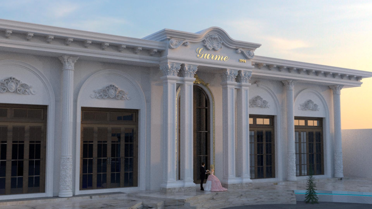 Tokat Gürme düğün salonu dıs cephe dekorasyonu Tokat Gürme Düğün Salonu projesinde salonun mimari tasarımını 3D olarak modelledik yüksek kaliteli render görsellerini hazırladık ve projede kullanılan tüm poliüretan dekoratif ürünleri kendi tesislerimizde ürettik Tasarım ve üretim sürecini uçtan uca yöneterek estetik dayanıklı ve özel ölçülere uygun çözümler sunduk