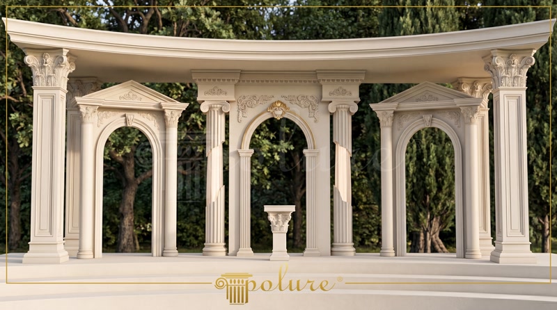 Dış mekan düğün salonu ve organizasyon alanı için poliüretan sütun, pilaster ve dairesel kemer dekorasyon uygulaması.