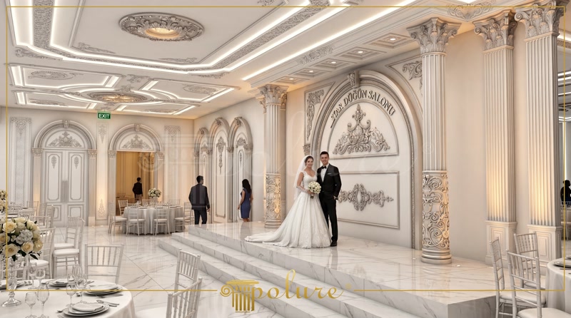 Poliüretan pilaster sütun ve kavisli kemer kaplamaları ile tasarlanmış klasik düğün salonu sahne dekorasyonu.
