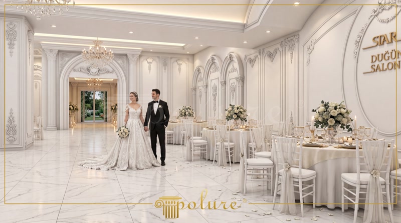 Büyük düğün salonu projesinde poliüretan pilaster sütunlar ve kavisli duvar kemeri kaplama uygulaması.
