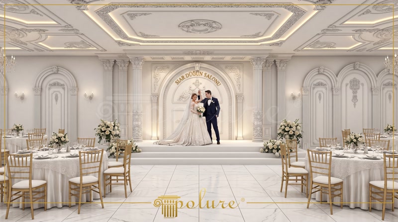 Düğün salonu sahne tasarımında kullanılan beyaz poliüretan pilaster sütunlar, kemer uygulamaları ve tavan detayları.