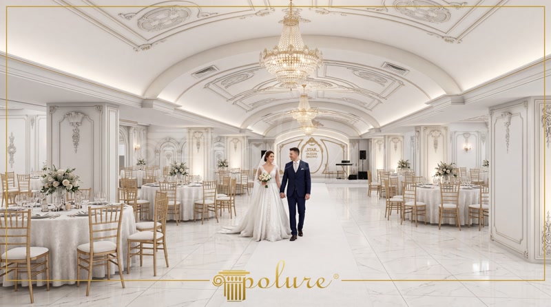 Poliüretan pilaster sütun, söve ve kavisli kemer kaplamaları ile tasarlanmış beyaz renkli düğün salonu iç mekanı.