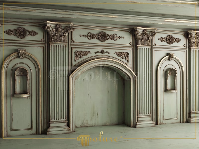 Poliüretan P5040 pilaster sütun ve P1456D307VI kavisli kemer ile tasarlanmış eskitme yeşil neo klasik duvar kaplaması.