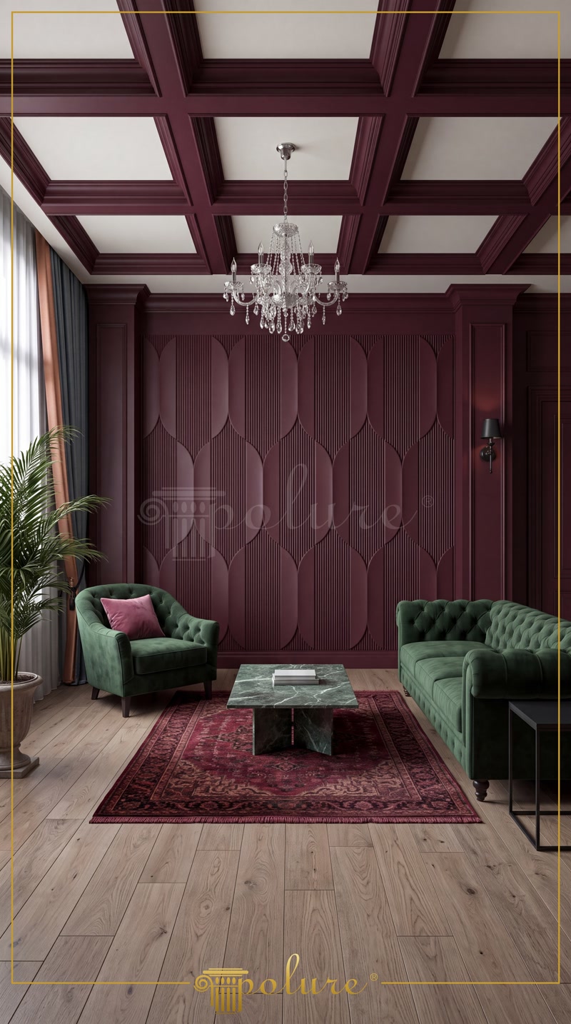 Bordo renkle boyanmış poliüretan duvar paneli ve kaset tavan sistemleri ile tasarlanmış modern klasik salon.