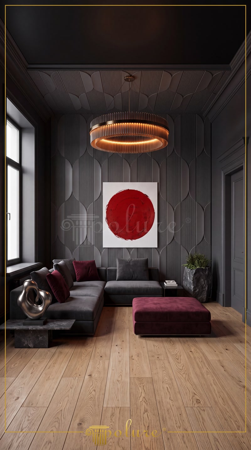 Koyu gri renkte tavan ve duvara uygulanmış dikey geometrik desenli poliüretan duvar paneli ve modern salon dekorasyonu.