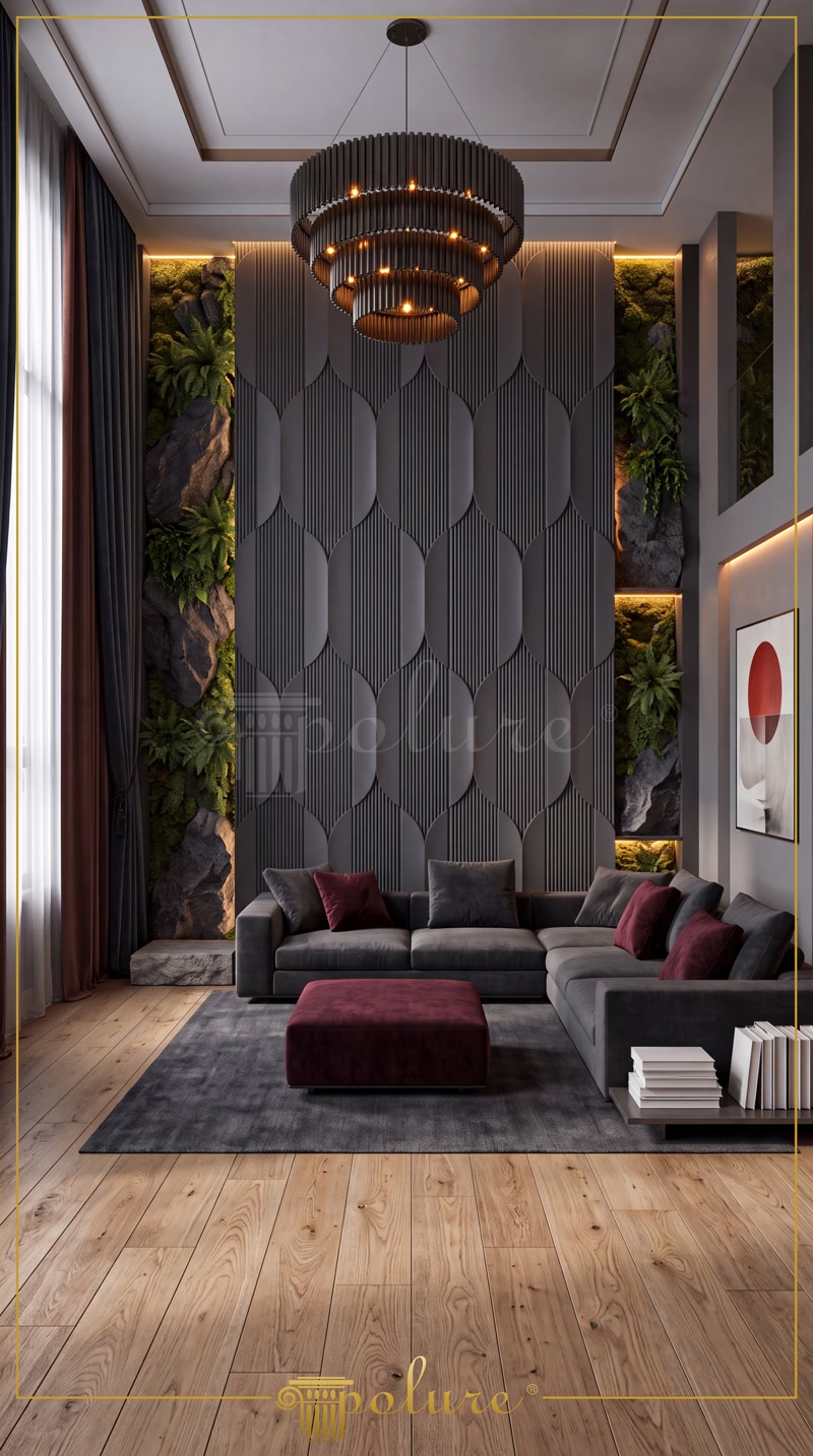Poliüretan duvar paneli uygulamalı modern salon, koyu gri köşe koltuk ve bordo puf kombinasyonu.