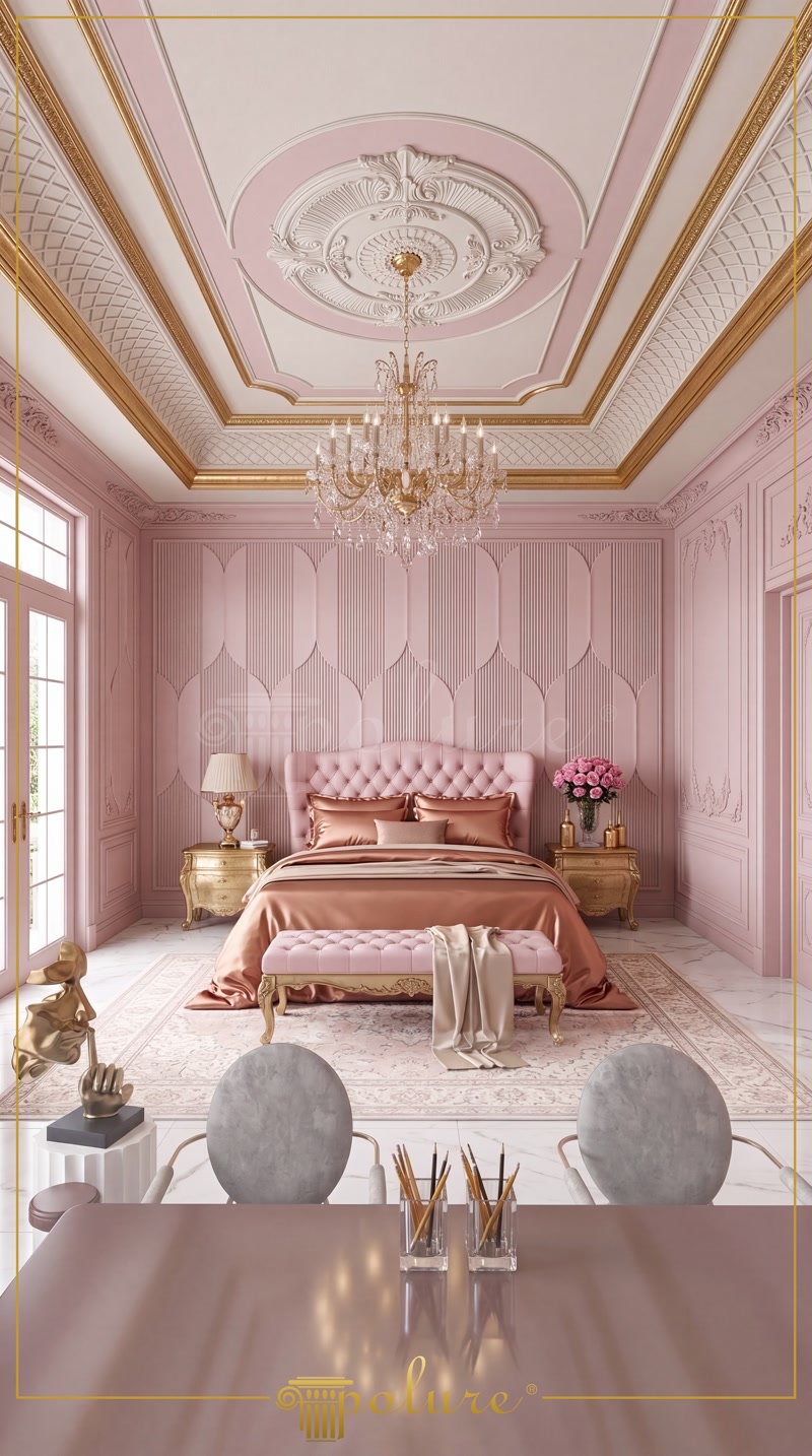 Pembe klasik yatak odasında poliüretan P312020 duvar panelleri, P7145 tavan göbeği ve gold kartonpiyer uygulaması.