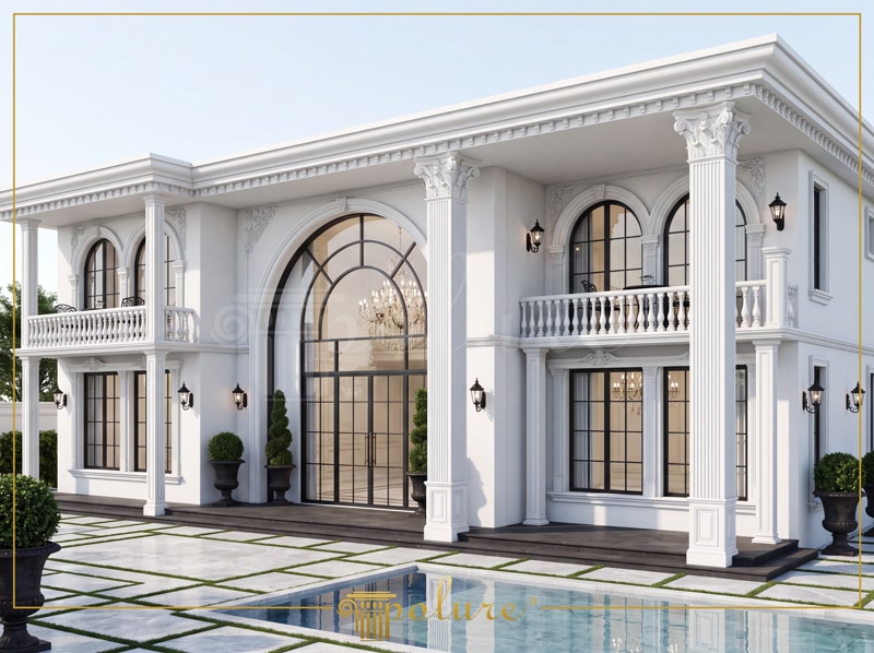 Poliüretan söve, pilaster sütun ve kemer kaplamalı beyaz klasik villa dış cephe dekorasyon tasarımı.