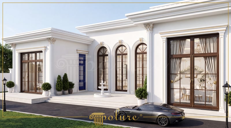 Tokat'ta poliüretan söve, kavis kemer ve pilaster sütunlarla kaplanmış klasik dış cephe düğün salonu tasarımı.