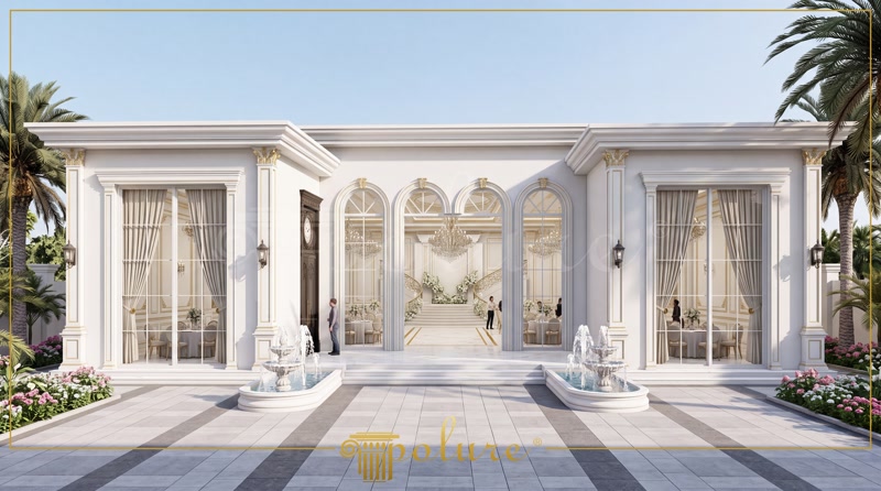Klasik stil düğün salonu dış cephesinde poliüretan söve, pilaster sütun ve kavisli kemer kaplama uygulaması.