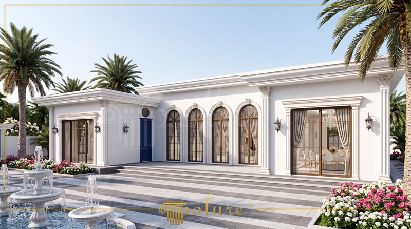 Beyaz poliüretan söve, pilaster sütun ve kemer modelleri ile tasarlanmış klasik dış cephe düğün salonu projesi.