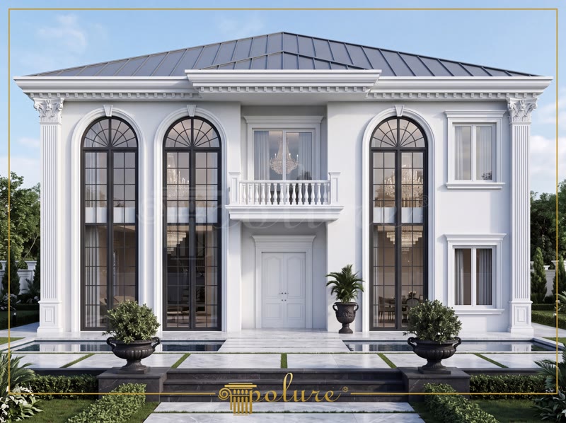 Poliüretan Dış Cephe Söve ve Pilaster Sütun Modelleri Poliüretan kavisli pencere sövesi ve pilaster sütun kaplamalı iki katlı modern beyaz villa dış cephe tasarımı