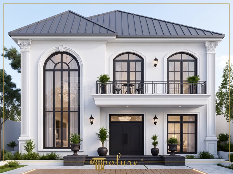 Poliüretan Dış Cephe Söve ve Pilaster Sütun Modelleri Poliüretan kavisli pencere sövesi ve pilaster sütun kaplamalı iki katlı modern beyaz villa dış cephe tasarımı