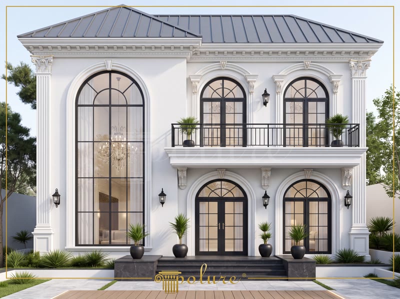 Poliüretan Dış Cephe Söve ve Pilaster Sütun Modelleri Poliüretan kavisli pencere sövesi ve pilaster sütun kaplamalı iki katlı modern beyaz villa dış cephe tasarımı