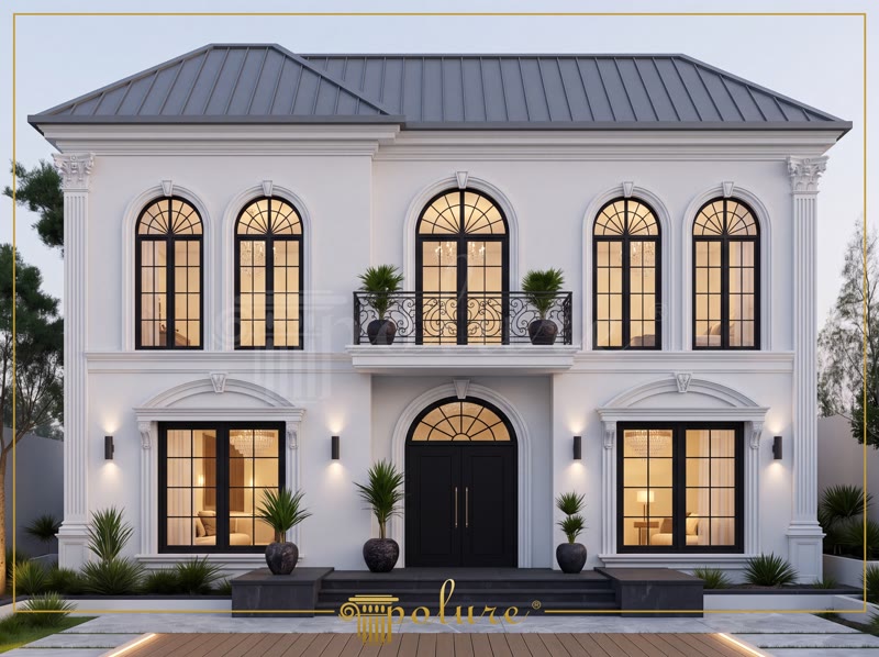 Poliüretan Dış Cephe Söve ve Pilaster Sütun Modelleri Poliüretan kavisli pencere sövesi ve pilaster sütun kaplamalı iki katlı modern beyaz villa dış cephe tasarımı
