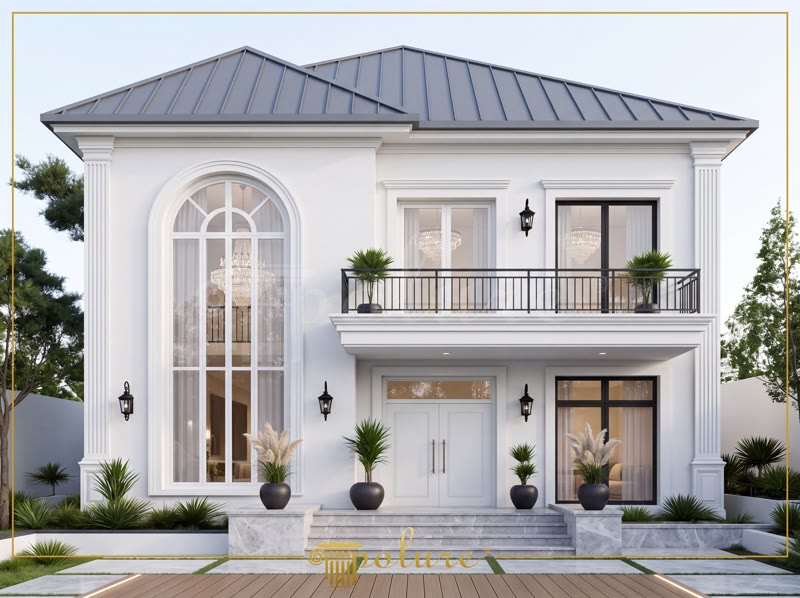 Poliüretan Dış Cephe Söve ve Pilaster Sütun Modelleri Poliüretan kavisli pencere sövesi ve pilaster sütun kaplamalı iki katlı modern beyaz villa dış cephe tasarımı