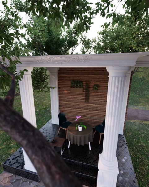 Ağaç dalları arasından pergola ve sütunlar genel görünümde