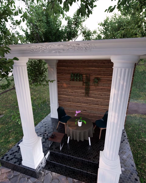 Farklı açıdan pergola, sütun ve oturma alanı görünüyor