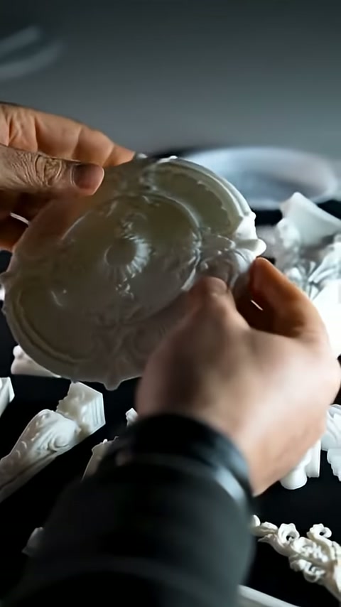 Beyaz yuvarlak süsleme iki elle kenarlarından kavranarak sergileniyor.