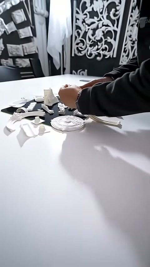 Görevli dağınık dekoratif numuneleri eliyle gruplandırarak düzenliyor.