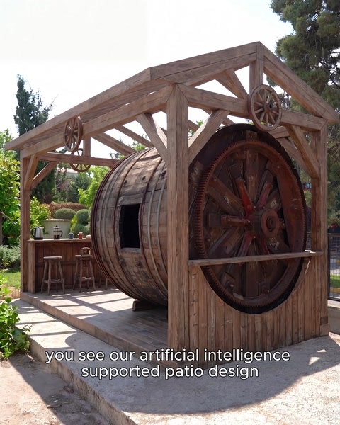 pergola altında oturma alanı ve varil bar tasarımı