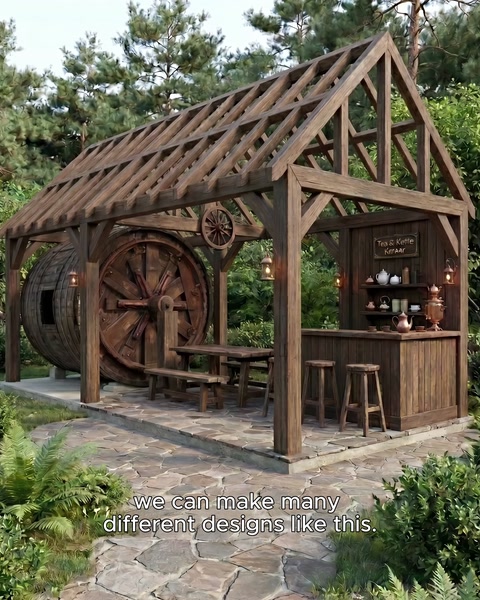 ahşap çatılı pergola yapısında dev varil merkez öğe olarak