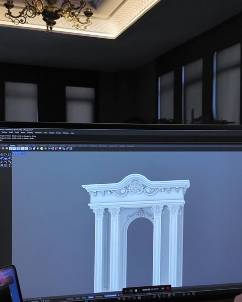 Kavisli alınlık ve sütun başlıkları 3D render ekranında