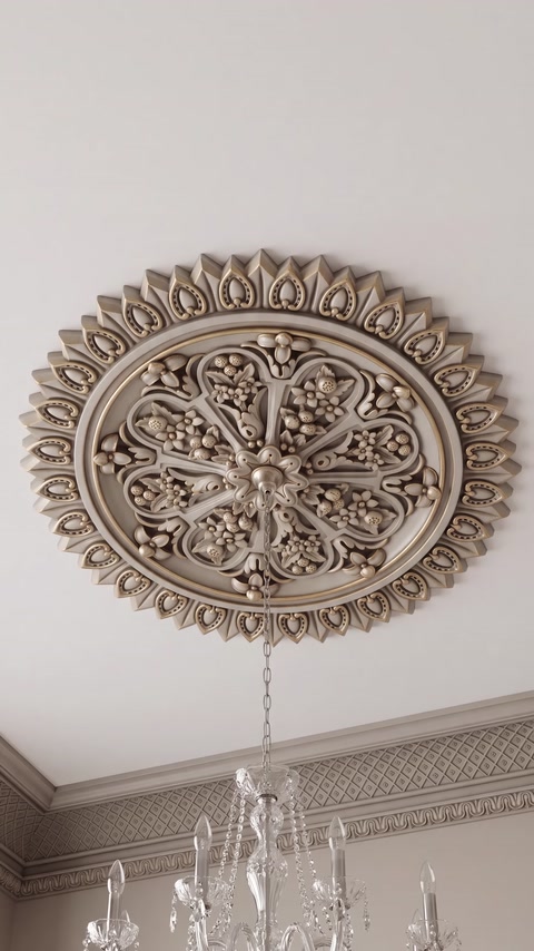 Altın tonlu oval göbek modeli klasik duvar üzerinde uygulanmış