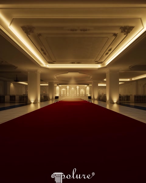 3D render ile tasarlanan salon koridoru, kırmızı halı ve sütunlar