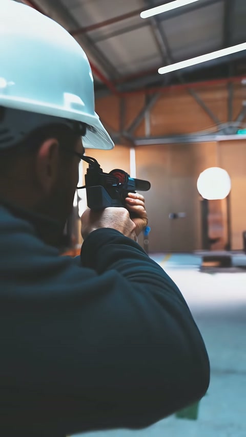 Baretli usta, omuzladığı tüfekle atölyedeki numuneye ateş ediyor.